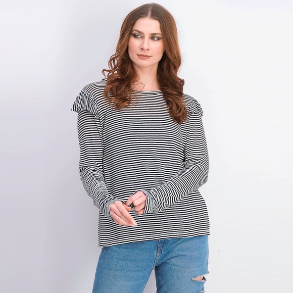FRAME White and Black Striped Linen Long Sleeve Ruffle Shoulder Top Size Large - Picture 1 of 5
